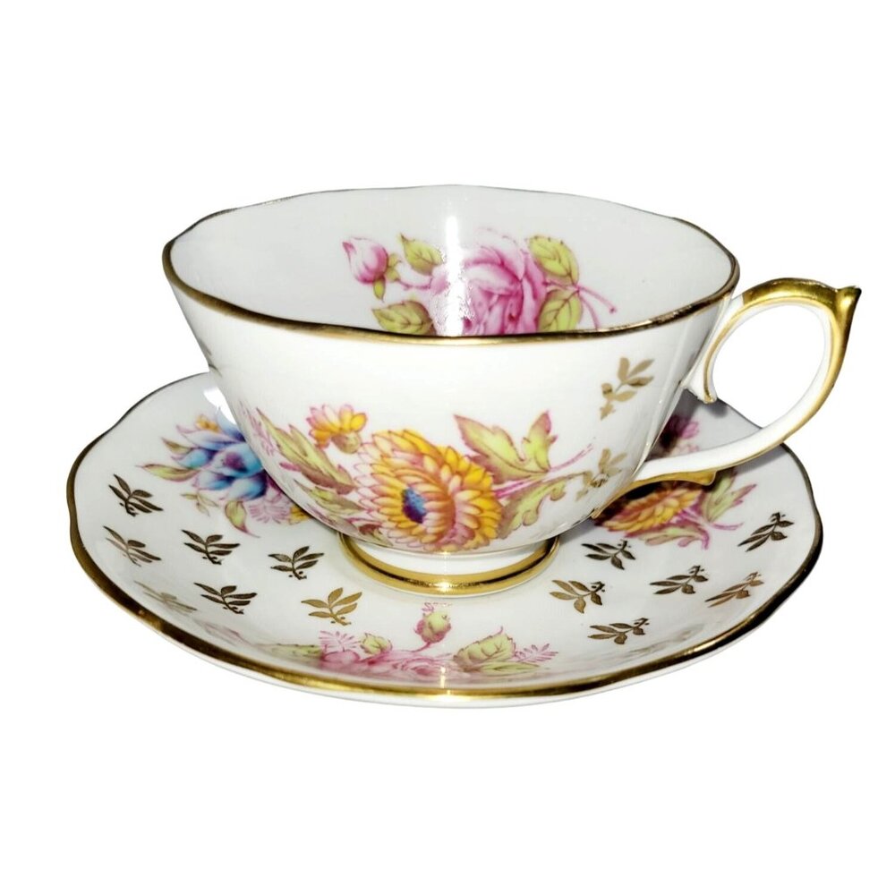 Vintage Roslyn Florette Bone China Teacup and Saucer Hand Painted 1952 England